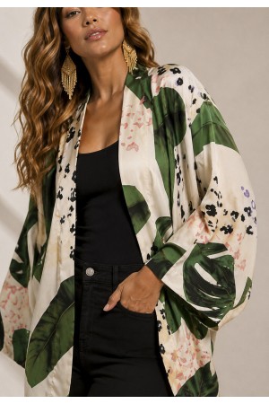 Kimono Viscose Manga Ampla Estampa Folhagem Poética