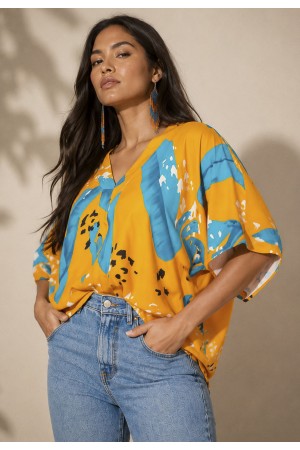 Blusa Gola V Manga Curta Estampa Aurora Botânica