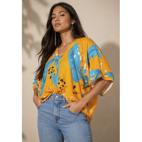 Blusa Gola V Manga Curta Estampa Aurora Botânica