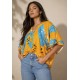 Blusa Gola V Manga Curta Estampa Aurora Botânica