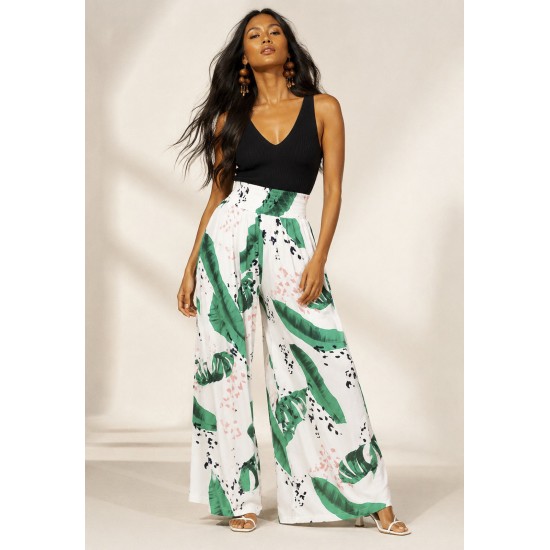 Calça Pantalona Elastic Embaú Estampa Folhagem Poética