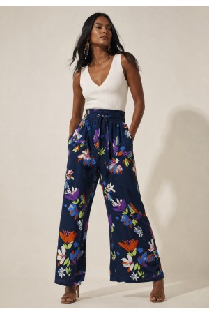 Calça Pantalona Elastic Embaú Estampa Festa das Flores Azul