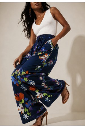 Calça Pantalona Elastic Embaú Estampa Festa das Flores Azul