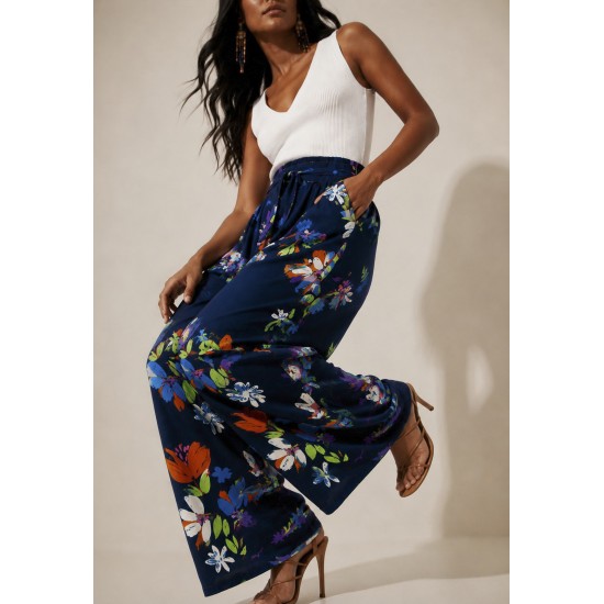 Calça Pantalona Elastic Embaú Estampa Festa das Flores Azul
