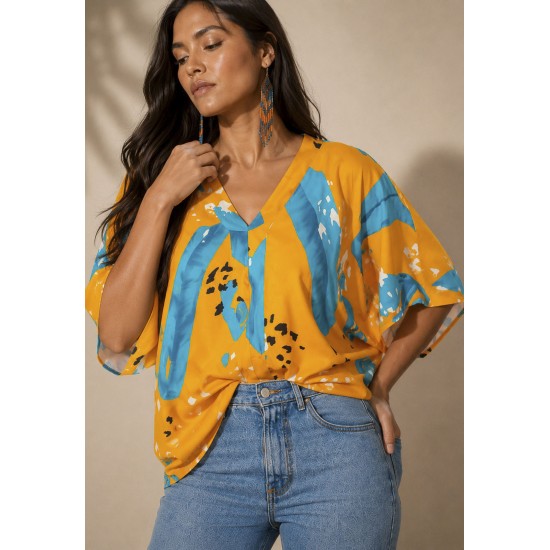 Blusa Gola V Manga Curta Estampa Aurora Botânica