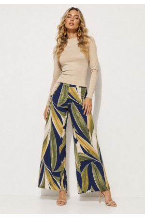 Calça Pantalona Granja Malha Estampa Selva Azul