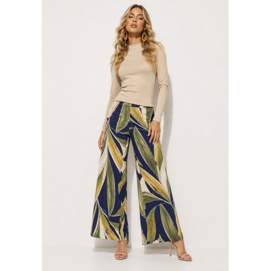 Calça Pantalona Granja Malha Estampa Selva Azul