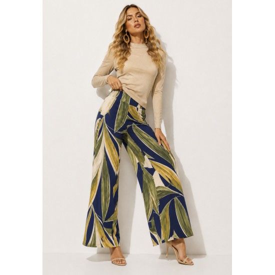 Calça Pantalona Granja Malha Estampa Selva Azul
