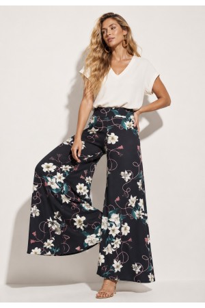 Calça Pantalona Granja Malha Estampa Flores Ebano