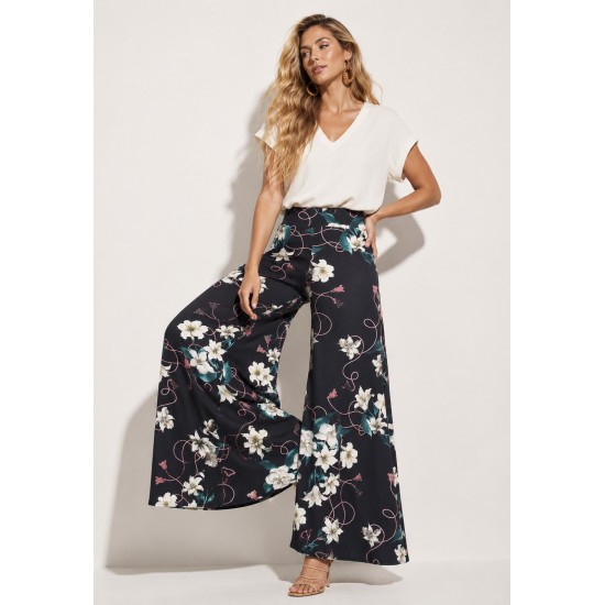 Calça Pantalona Granja Malha Estampa Flores Ebano