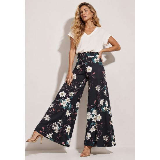 Calça Pantalona Granja Malha Estampa Flores Ebano