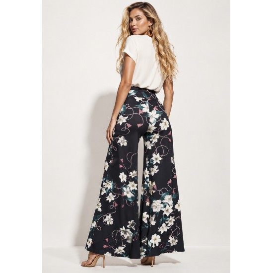 Calça Pantalona Granja Malha Estampa Flores Ebano