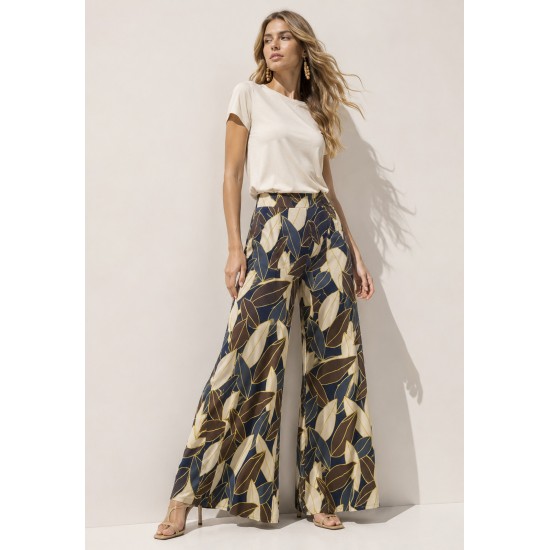 Calça Pantalona Granja Malha Estampa Folhas de Outono