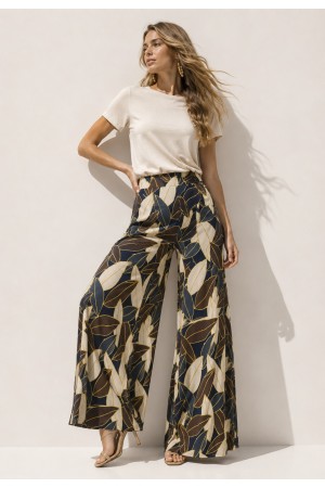 Calça Pantalona Granja Malha Estampa Folhas de Outono