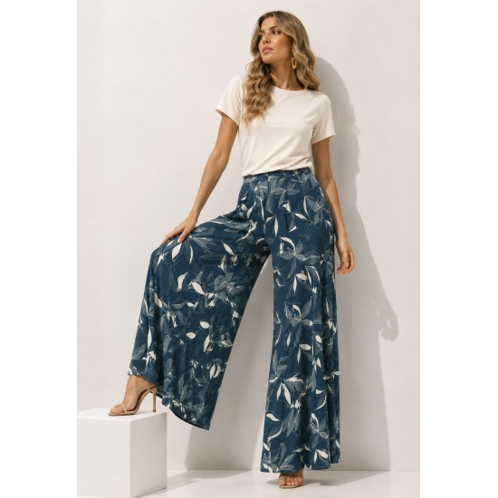 Calça Pantalona Granja Malha Estampa Hibisco Blue