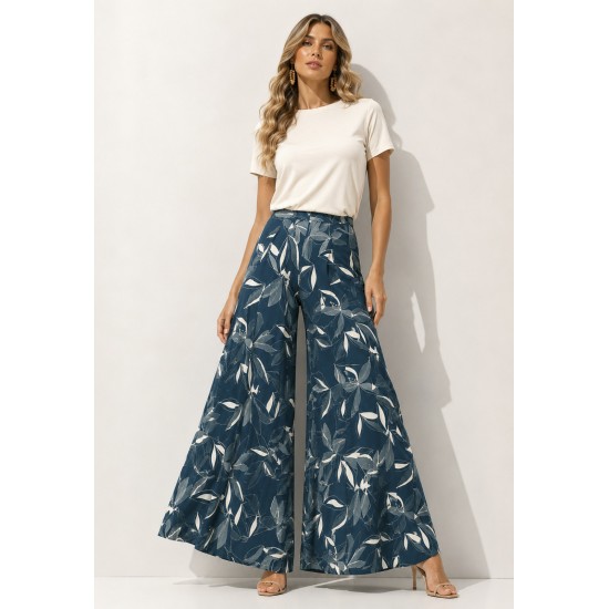 Calça Pantalona Granja Malha Estampa Hibisco Blue