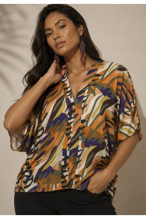Blusa Gola V Manga Curta Estampa Cores Vibrantes
