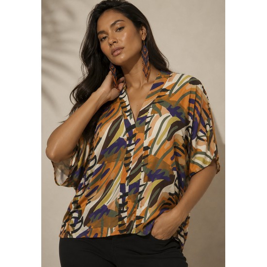 Blusa Gola V Manga Curta Estampa Cores Vibrantes
