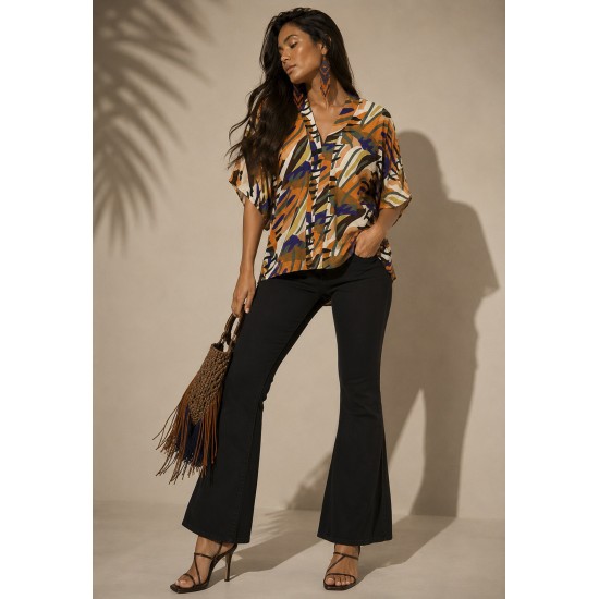 Blusa Gola V Manga Curta Estampa Cores Vibrantes