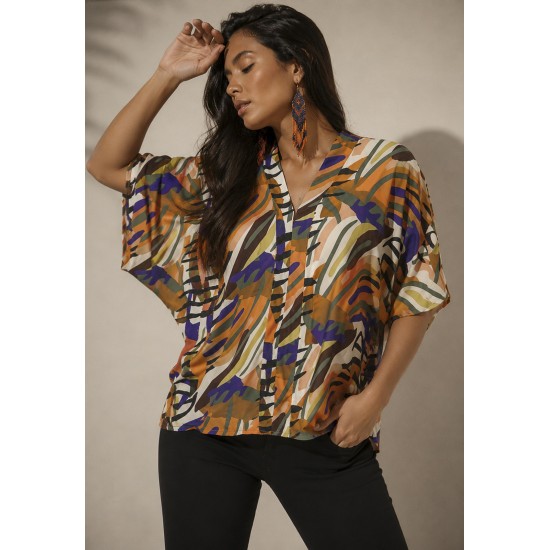 Blusa Gola V Manga Curta Estampa Cores Vibrantes