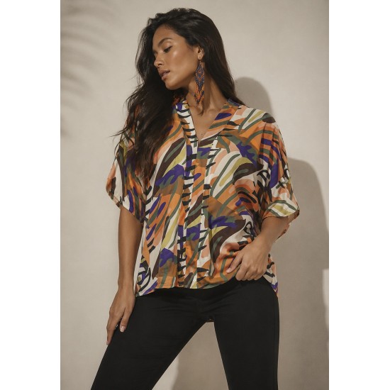 Blusa Gola V Manga Curta Estampa Cores Vibrantes