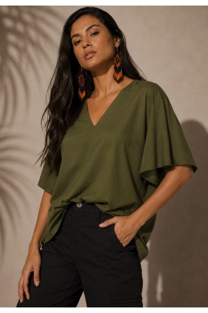 Blusa Gola V Manga Curta Verde Petroleo