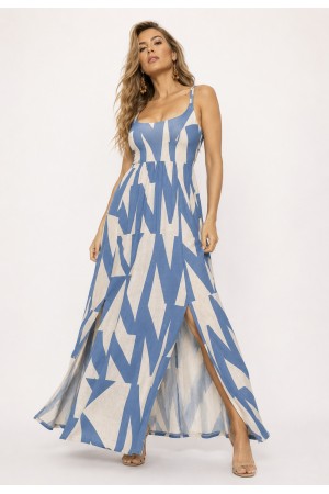 Vestido Longo Jambo Malha Aberturas Estampa Geometrico Azul