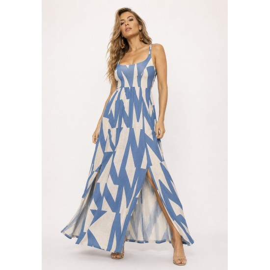 Vestido Longo Jambo Malha Aberturas Estampa Geometrico Azul