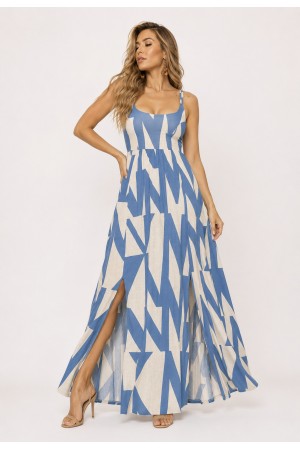 Vestido Longo Jambo Malha Aberturas Estampa Geometrico Azul