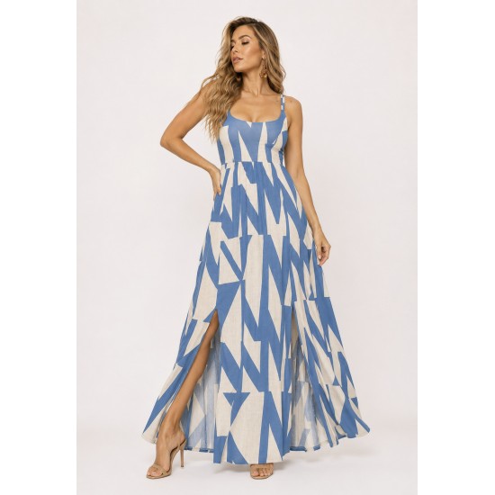 Vestido Longo Jambo Malha Aberturas Estampa Geometrico Azul