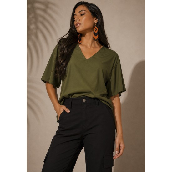 Blusa Gola V Manga Curta Verde Petroleo