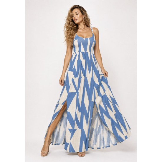 Vestido Longo Jambo Malha Aberturas Estampa Geometrico Azul
