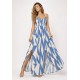 Vestido Longo Jambo Malha Aberturas Estampa Geometrico Azul