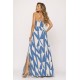 Vestido Longo Jambo Malha Aberturas Estampa Geometrico Azul