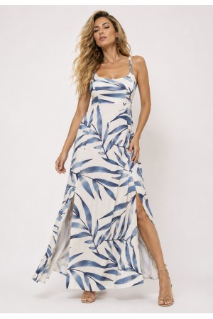 Vestido Longo Jambo Malha Aberturas Estampa Bambu Azul