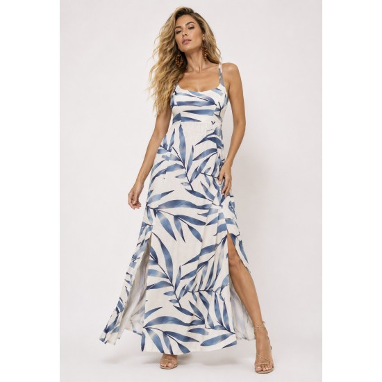 Vestido Longo Jambo Malha Aberturas Estampa Bambu Azul