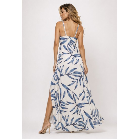 Vestido Longo Jambo Malha Aberturas Estampa Bambu Azul