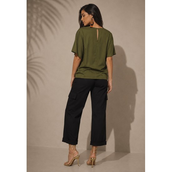 Blusa Gola V Manga Curta Verde Petroleo