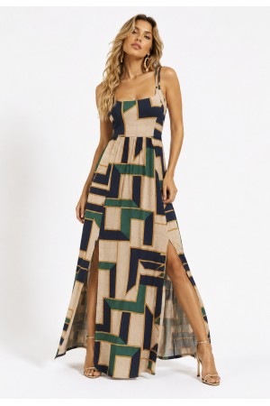 Vestido Longo Jambo Malha Aberturas Estampa Chapada de Areia