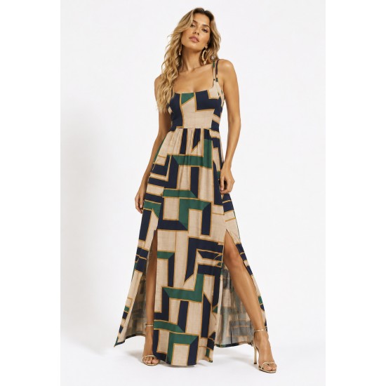 Vestido Longo Jambo Malha Aberturas Estampa Chapada de Areia
