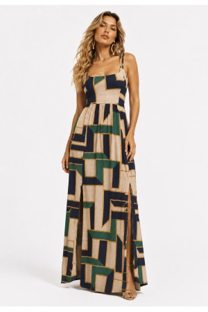 Vestido Longo Jambo Malha Aberturas Estampa Chapada de Areia