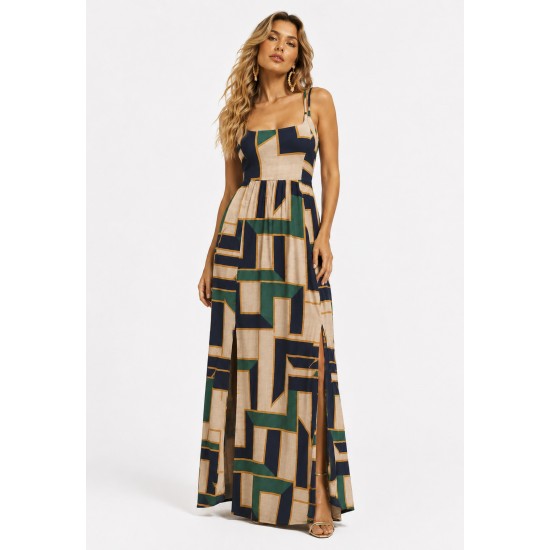 Vestido Longo Jambo Malha Aberturas Estampa Chapada de Areia