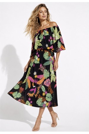 Vestido Midi Viscose Ciganinha com Lapela Estampa Noite Botânica
