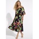 Vestido Midi Viscose Ciganinha com Lapela Estampa Noite Botânica