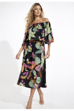 Vestido Midi Viscose Ciganinha com Lapela Estampa Noite Botânica
