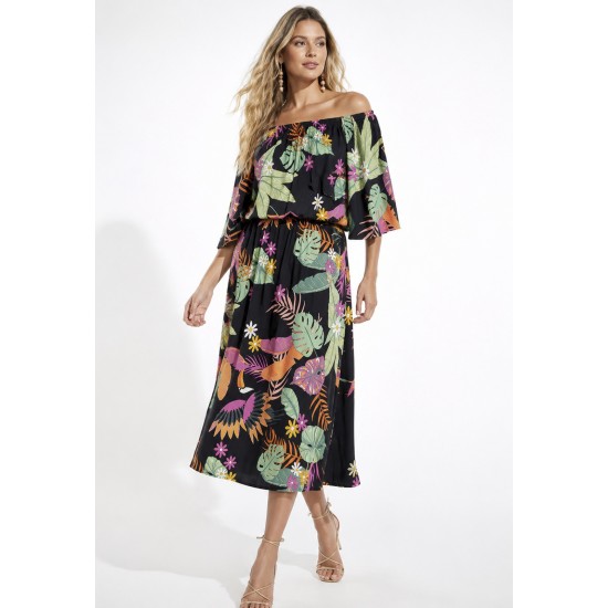 Vestido Midi Viscose Ciganinha com Lapela Estampa Noite Botânica