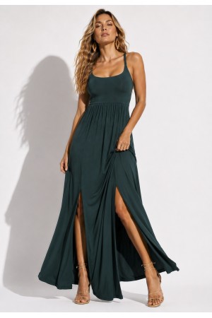 Vestido Longo Jambo Malha Aberturas Verde