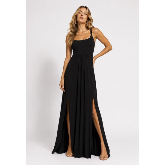 Vestido Longo Jambo Malha Aberturas Preto