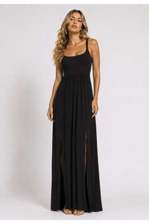 Vestido Longo Jambo Malha Aberturas Preto