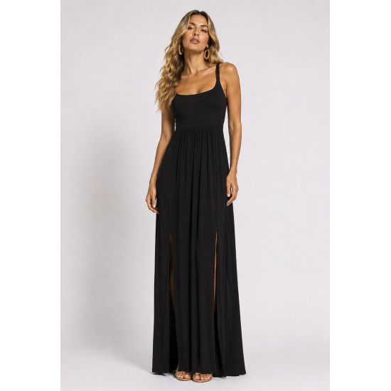 Vestido Longo Jambo Malha Aberturas Preto